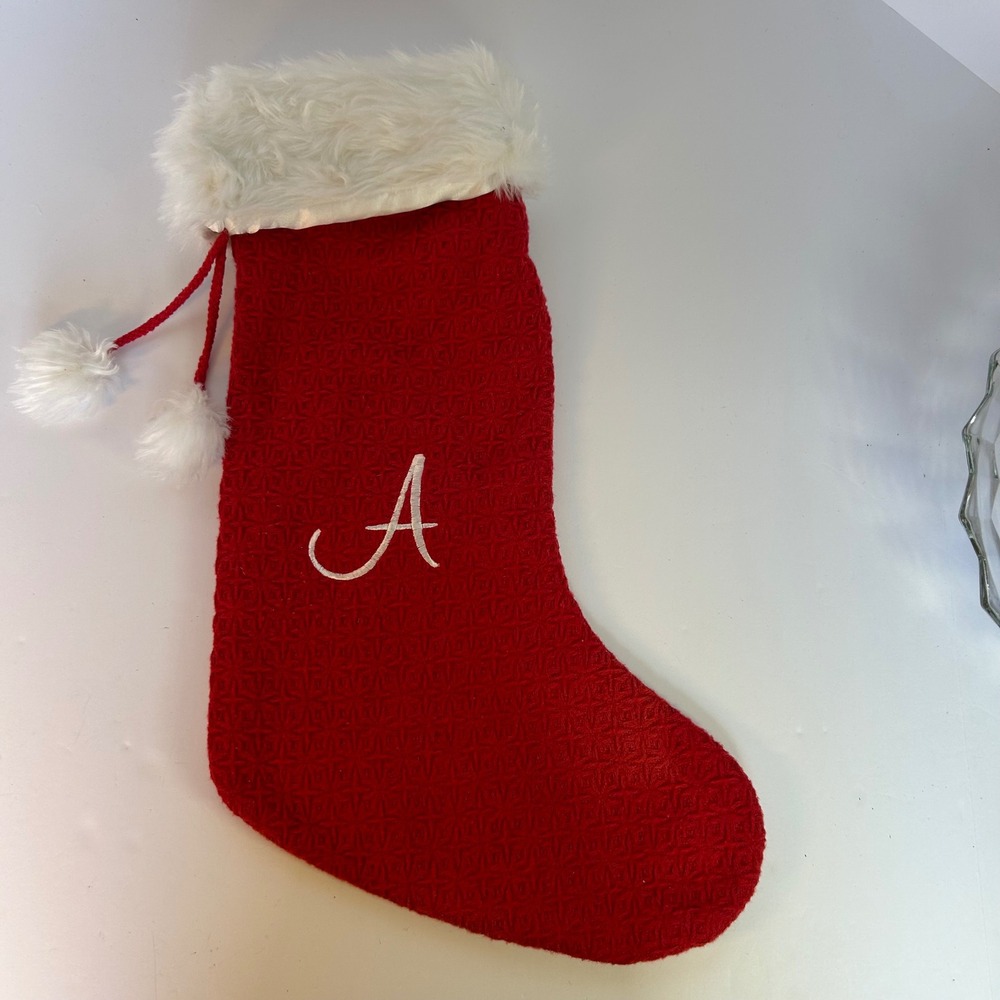 Red Waffle Knit Christmas Stocking‎ Embroidered Initial A Faux Fur Trim
